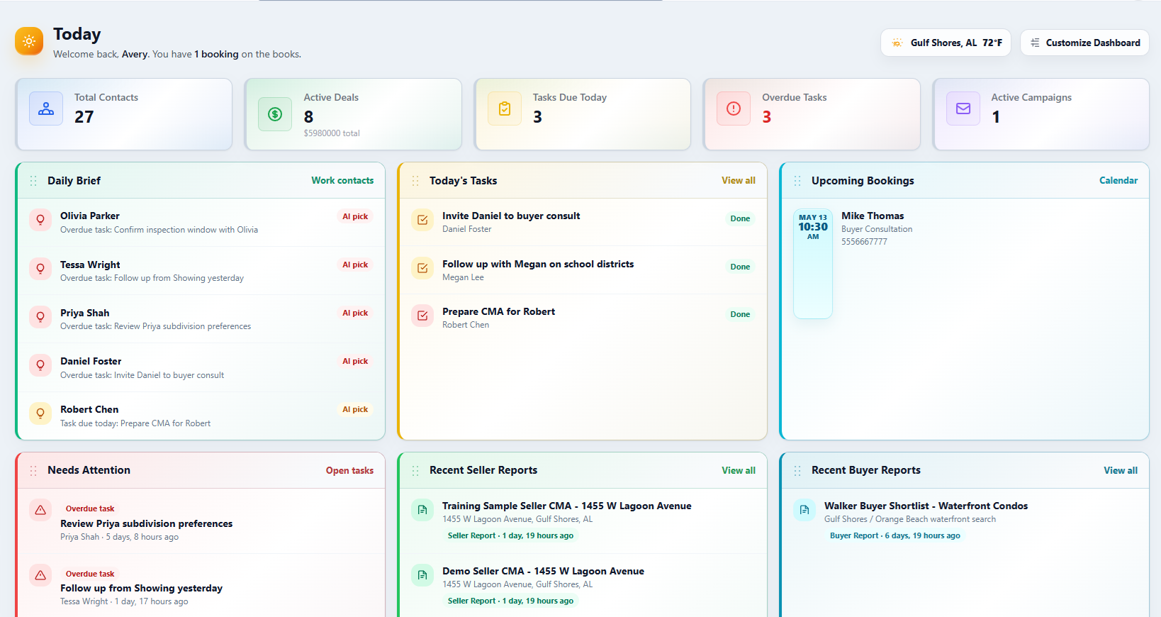 CRM dashboard with daily brief, tasks, bookings, deals, and reports