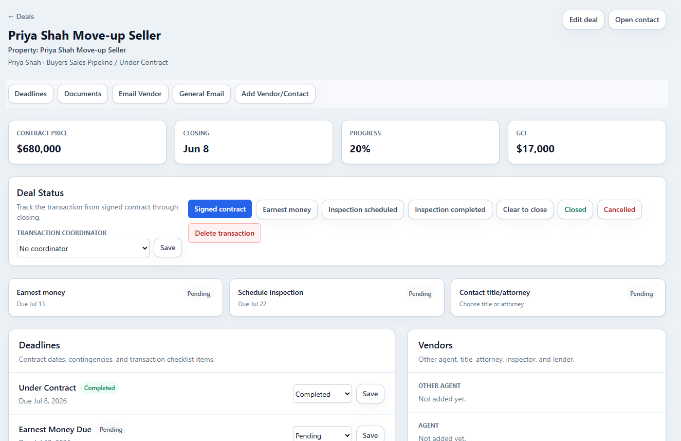 Deal workspace with contract milestones, deadlines, and vendor coordination
