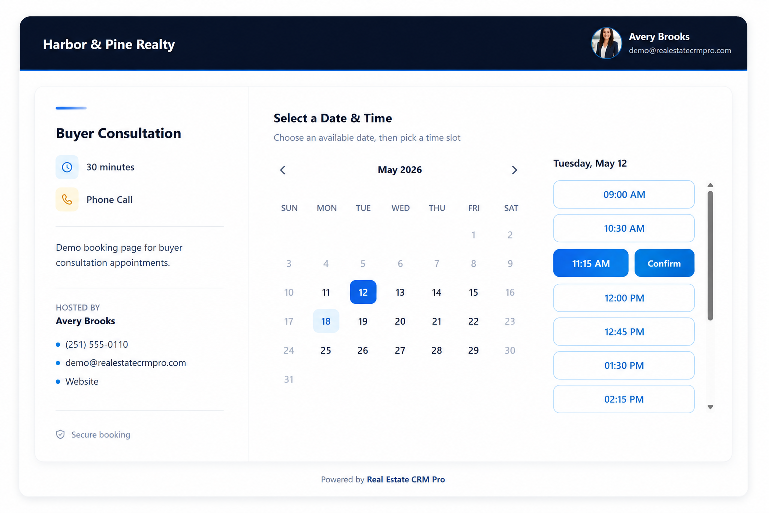 CRM connected appointment booking page