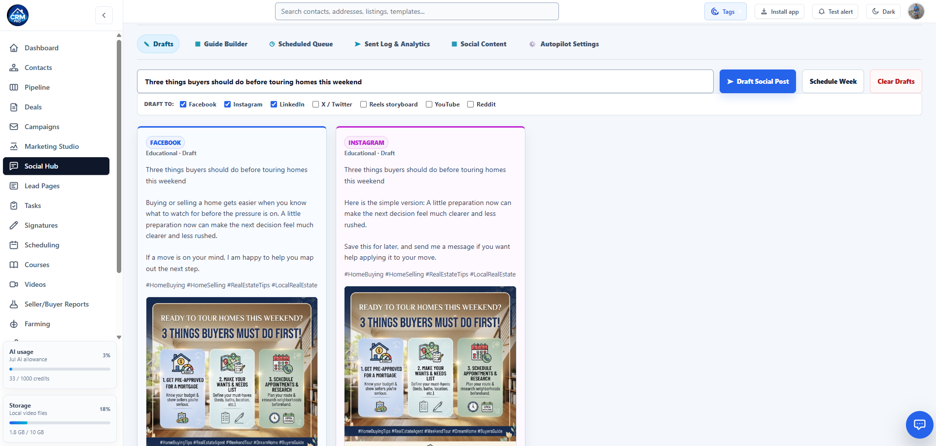 Social Hub showing Facebook and Instagram content drafts with publishing controls