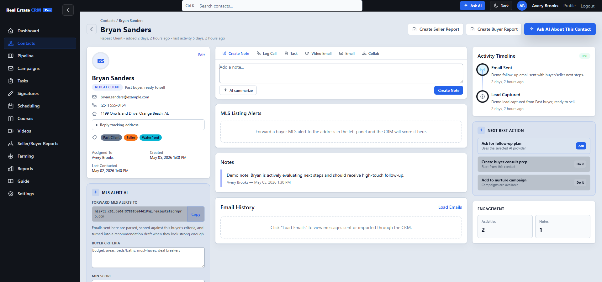 Detailed CRM client file with notes, activity, and next best actions
